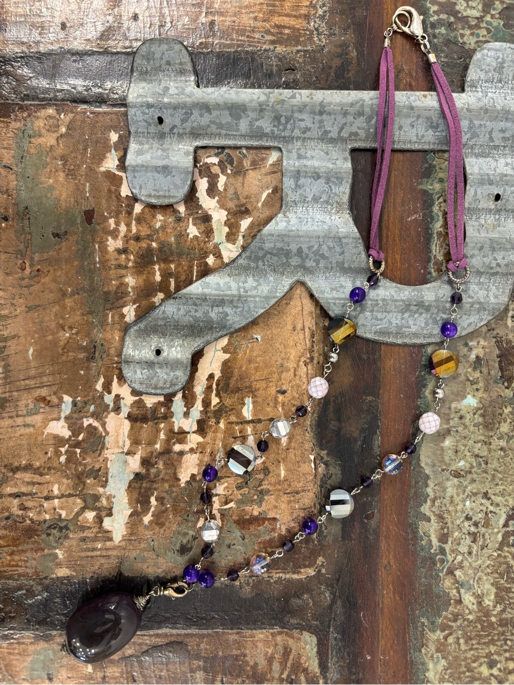 Boho Purple Beads & Gems Suede Necklace